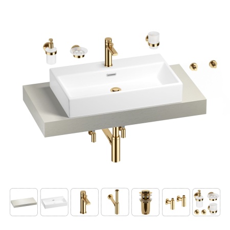 Раковина 70 см со столешницей 100 см Wellsee Graceful Pro 201012638 в наборе 10 в 1: столешница, раковина, смеситель, сифон, донный клапан, угловые вентили, аксессуары (цвет золото)