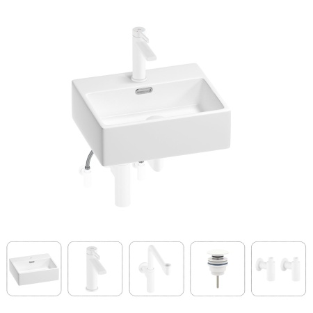 Раковина для ванной Wellsee Graceful Pro 201004575 в наборе 5 в 1: раковина белого глянцевого цвета, смеситель, сифон, донный клапан, угловые вентили (цвет набора матовый белый)