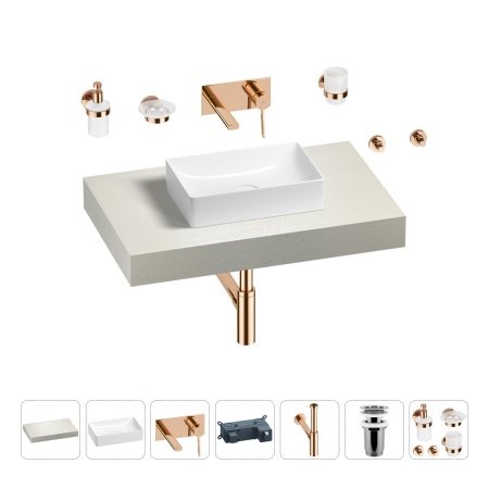 Раковина 42 см со столешницей 80 см Wellsee Pure BY Wellsee 201010724 в наборе 9 в 1: столешница, раковина, встраиваемый смеситель, сифон, выпуск, аксессуары (цвет набора розовое золото)