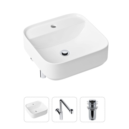 Комплект 3 в 1 Lavinia Boho Bathroom Sink 21520315: накладная фарфоровая раковина 42 см, металлический сифон, донный клапан