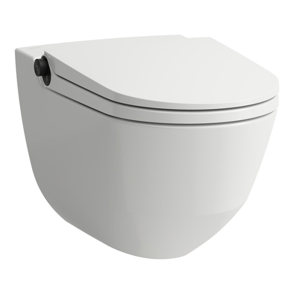 Laufen Cleanet Riva Унитаз-биде подвесной 60х39см, безободковый, с сиденьем, пульт д/у, покрытие LCC, панель титан-черный, цвет: белый 8.2069.1.404.000.1