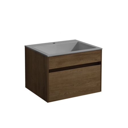 Тумба Vincea Chiara 600 подвесная, 1 выкатной ящик soft-close, T.Oak с умывальником VCB-13600G из кварца, цвет серый