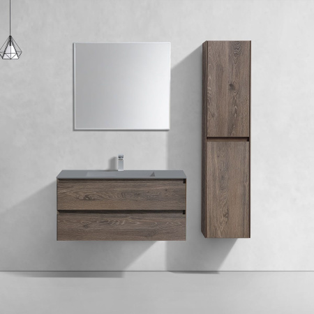 Тумба Vincea Luka 1000 подвесная, 2 выкатных ящика soft-close, R.Oak с умывальником VCB-13100G из кварца, цвет серый
