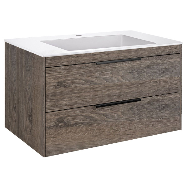 Тумба Vincea Chiara 2D 800 подвесная, 2 выкатных ящика soft-close, R.Oak с умывальником VCB-13800W из искусственного камня, цвет белый