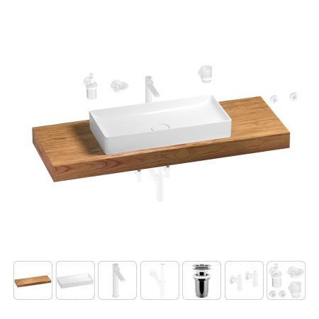 Раковина 75 см со столешницей 140 см Wellsee Pure BY Wellsee 201011840 в наборе 10 в 1: столешница, раковина, высокий смеситель, сифон, выпуск, кран-вентили, аксессуары (цвет матовый белый)