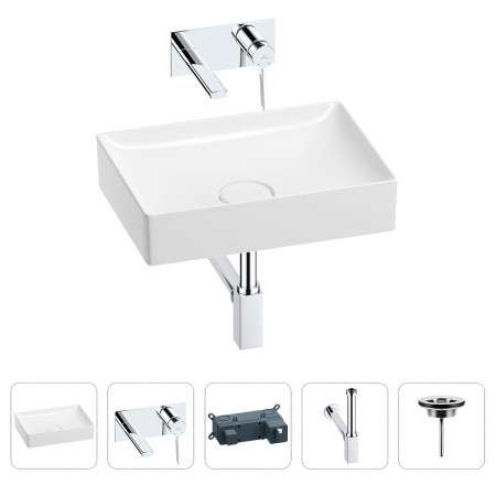 Раковина для ванной Wellsee Pure BY Wellsee 201002636 в наборе 4 в 1: раковина белого глянцевого цвета, встраиваемый смеситель, сифон, выпуск (цвет набора хром)