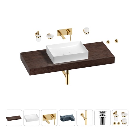 Раковина 50 см со столешницей 120 см Wellsee Pure BY Wellsee 201011388 в наборе 9 в 1: столешница, раковина, встраиваемый смеситель, сифон, выпуск, аксессуары (цвет набора золото)