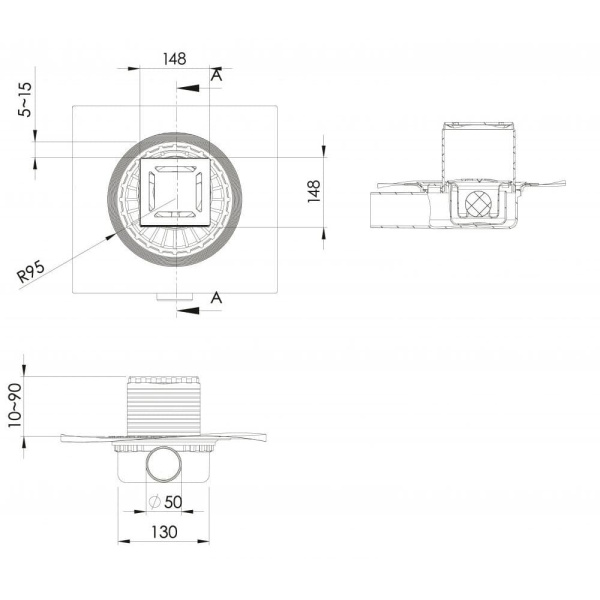 Трап BERGES водосток ZENTRUM Norma 150х150 матовый хром выпуск D50 H65 боковой