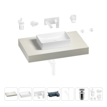 Раковина 42 см со столешницей 80 см Wellsee Pure BY Wellsee 201010720 в наборе 9 в 1: столешница, раковина, встраиваемый смеситель, сифон, выпуск, аксессуары (цвет набора матовый белый)