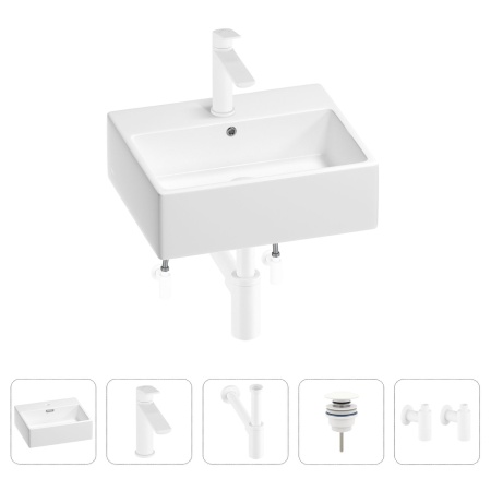 Раковина для ванной Wellsee Graceful Pro 201004580 в наборе 5 в 1: раковина белого глянцевого цвета, смеситель, сифон, донный клапан, угловые вентили (цвет набора матовый белый)