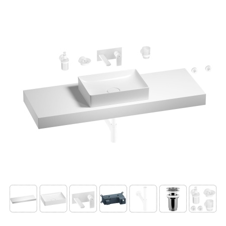 Раковина 50 см со столешницей 140 см Wellsee Pure BY Wellsee 201011525 в наборе 9 в 1: столешница, раковина, встраиваемый смеситель, сифон, выпуск, аксессуары (цвет набора матовый белый)