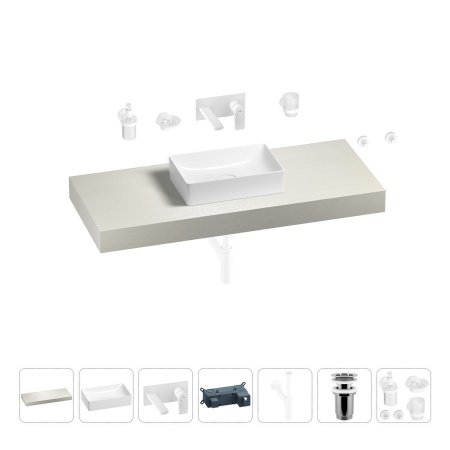 Раковина 42 см со столешницей 120 см Wellsee Pure BY Wellsee 201010900 в наборе 9 в 1: столешница, раковина, встраиваемый смеситель, сифон, выпуск, аксессуары (цвет набора матовый белый)