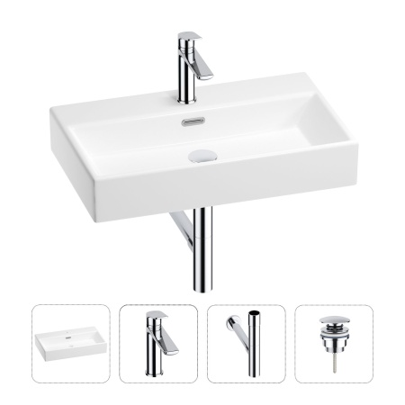 Раковина для ванной Wellsee Graceful Pro 201002971 в наборе 4 в 1: раковина белого глянцевого цвета, смеситель, сифон, донный клапан (цвет набора хром)