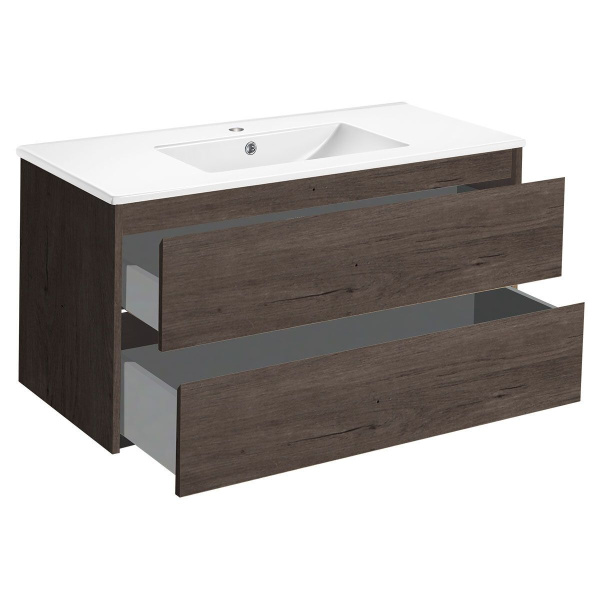 Тумба Vincea Gio 100 подвесная, 2 выкатных ящика soft-close, R.Oak с умывальником VBS-13100 керамическая, цвет белый