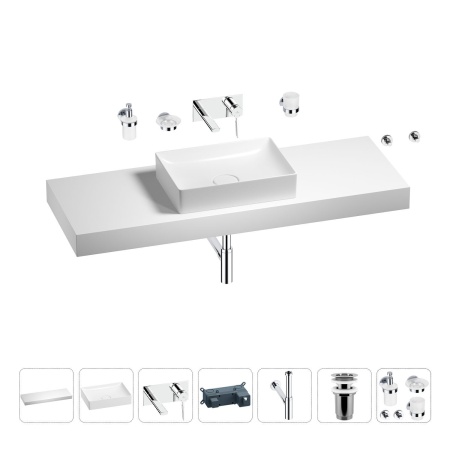 Раковина 50 см со столешницей 140 см Wellsee Pure BY Wellsee 201011526 в наборе 9 в 1: столешница, раковина, встраиваемый смеситель, сифон, выпуск, аксессуары (цвет набора хром)