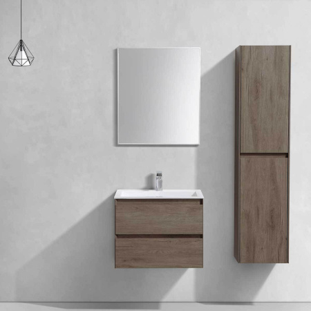 Тумба Vincea Luka 600 подвесная, 2 выкатных ящика soft-close, R.Oak с умывальником VCB-13600W из искусственного камня, цвет белый