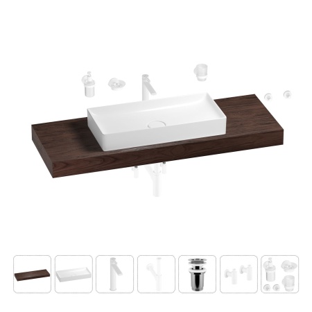 Раковина 75 см со столешницей 140 см Wellsee Pure BY Wellsee 201011860 в наборе 10 в 1: столешница, раковина, высокий смеситель, сифон, выпуск, кран-вентили, аксессуары (цвет матовый белый)