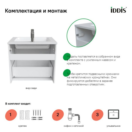 Тумба с умывальником IDDIS подвесная с ящиками белая Esper 60 см ESP60W0i95K