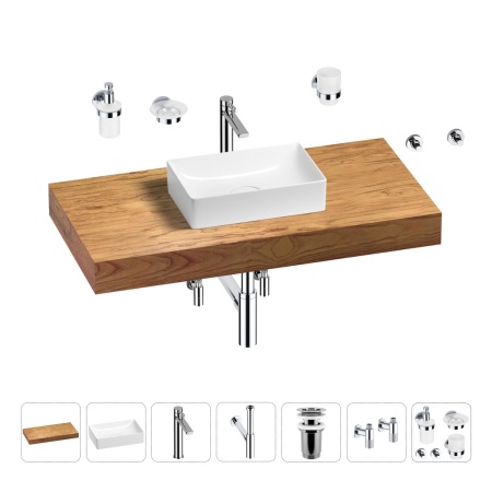 Раковина 42 см со столешницей 100 см Wellsee Pure BY Wellsee 201010831 в наборе 10 в 1: столешница, раковина, высокий смеситель, сифон, выпуск, кран-вентили, аксессуары (цвет хром)