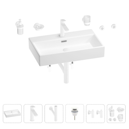 Раковина для ванной Wellsee Graceful Pro 201006725 в наборе 9 в 1: раковина белого глянцевого цвета, смеситель, сифон, донный клапан, угловые вентили, аксессуары (цвет набора матовый белый)