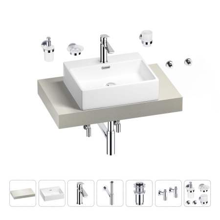 Раковина 50 см со столешницей 80 см Wellsee Graceful Pro 201012391 в наборе 10 в 1: столешница, раковина, смеситель, сифон, донный клапан, угловые вентили, аксессуары (цвет хром)
