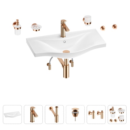 Раковина для ванной Wellsee Bisou 201007404 в наборе 9 в 1: раковина белого глянцевого цвета, смеситель, сифон, донный клапан, угловые вентили, аксессуары (цвет набора розовое золото)