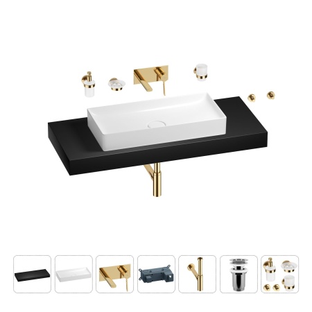Раковина 75 см со столешницей 120 см Wellsee Pure BY Wellsee 201011788 в наборе 9 в 1: столешница, раковина, встраиваемый смеситель, сифон, выпуск, аксессуары (цвет набора золото)