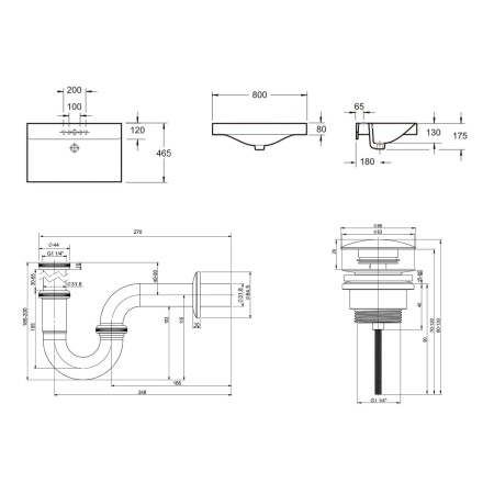 Комплект 3 в 1 Lavinia Boho Bathroom Sink 21520597: врезная фарфоровая раковина 80 см, металлический сифон, донный клапан