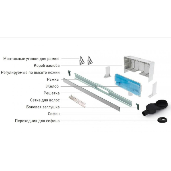 Желоб BERGES водосток WALL 600 пристенный матовый хром S-сифон D50 H60 боковой