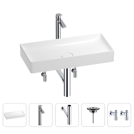 Раковина для ванной Wellsee Pure BY Wellsee 201004446 в наборе 5 в 1: раковина белого глянцевого цвета, высокий смеситель, сифон, выпуск, угловые вентили (цвет набора хром)