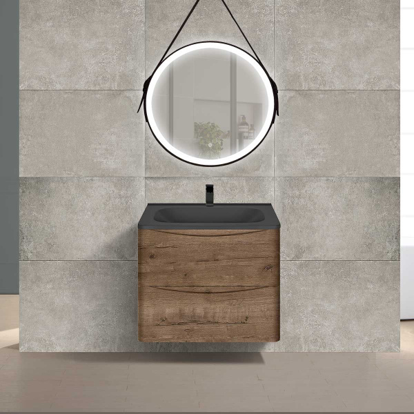 Тумба Vincea Paola 600 подвесная, 2 выкатных ящика soft close, V.Oak с умывальником VCB-2VP600B из кварцевого камня, цвет черный