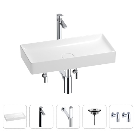 Раковина для ванной Wellsee Pure BY Wellsee 201004426 в наборе 5 в 1: раковина белого глянцевого цвета, высокий смеситель, сифон, выпуск, угловые вентили (цвет набора хром)