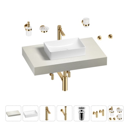 Раковина 42 см со столешницей 80 см Wellsee Pure BY Wellsee 201010713 в наборе 10 в 1: столешница, раковина, высокий смеситель, сифон, выпуск, кран-вентили, аксессуары (цвет золото)
