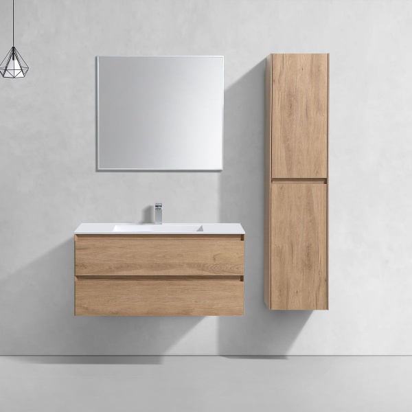 Тумба Vincea Luka 1000 подвесная, 2 выкатных ящика soft-close, N.Oak с умывальником VCB-13100W из искусственного камня, цвет белый