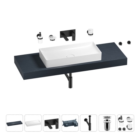 Раковина 75 см со столешницей 140 см Wellsee Pure BY Wellsee 201011822 в наборе 9 в 1: столешница, раковина, встраиваемый смеситель, сифон, выпуск, аксессуары (цвет набора матовый черный)