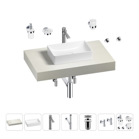 Раковина 42 см со столешницей 80 см Wellsee Pure BY Wellsee 201010711 в наборе 10 в 1: столешница, раковина, высокий смеситель, сифон, выпуск, кран-вентили, аксессуары (цвет хром)