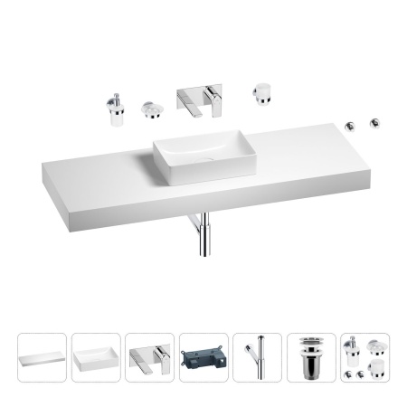 Раковина 42 см со столешницей 140 см Wellsee Pure BY Wellsee 201011046 в наборе 9 в 1: столешница, раковина, встраиваемый смеситель, сифон, выпуск, аксессуары (цвет набора хром)
