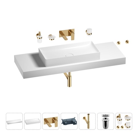 Раковина 75 см со столешницей 140 см Wellsee Pure BY Wellsee 201011883 в наборе 9 в 1: столешница, раковина, встраиваемый смеситель, сифон, выпуск, аксессуары (цвет набора золото)