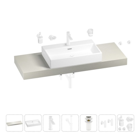 Раковина 70 см со столешницей 140 см Wellsee Graceful Pro 201012760 в наборе 10 в 1: столешница, раковина, смеситель, сифон, донный клапан, угловые вентили, аксессуары (цвет матовый белый)