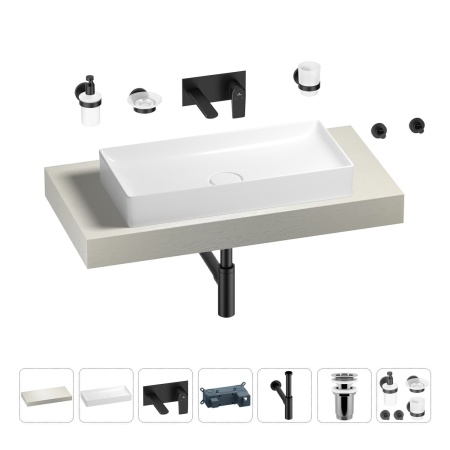 Раковина 75 см со столешницей 100 см Wellsee Pure BY Wellsee 201011562 в наборе 9 в 1: столешница, раковина, встраиваемый смеситель, сифон, выпуск, аксессуары (цвет набора матовый черный)