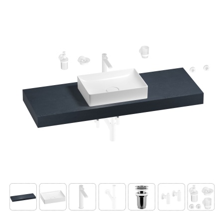 Раковина 50 см со столешницей 140 см Wellsee Pure BY Wellsee 201011460 в наборе 10 в 1: столешница, раковина, высокий смеситель, сифон, выпуск, кран-вентили, аксессуары (цвет матовый белый)