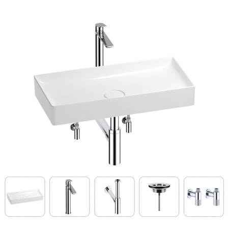 Раковина для ванной Wellsee Pure BY Wellsee 201004456 в наборе 5 в 1: раковина белого глянцевого цвета, высокий смеситель, сифон, выпуск, угловые вентили (цвет набора хром)
