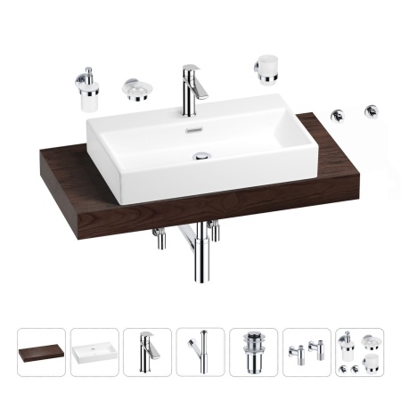 Раковина 70 см со столешницей 100 см Wellsee Graceful Pro 201012661 в наборе 10 в 1: столешница, раковина, смеситель, сифон, донный клапан, угловые вентили, аксессуары (цвет хром)