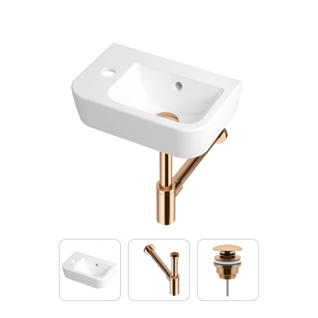 Комплект 3 в 1 Lavinia Boho One 21520713: подвесная фарфоровая раковина для туалета 37 см (отверстие под смеситель слева), металлический сифон, донный клапан