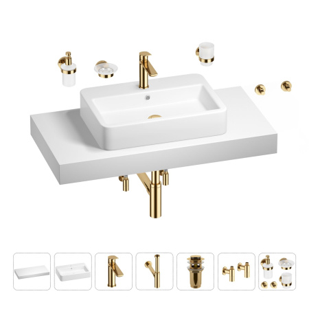 Раковина 60 см со столешницей 100 см Wellsee Halcyon 201012013 в наборе 10 в 1: столешница, раковина, смеситель, сифон, донный клапан, угловые вентили, аксессуары (цвет золото)