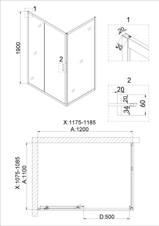 Душевое ограждение Niagara Nova NG-42-12AG-A110G 120x110x190 прямоугольник, дверь раздвижная