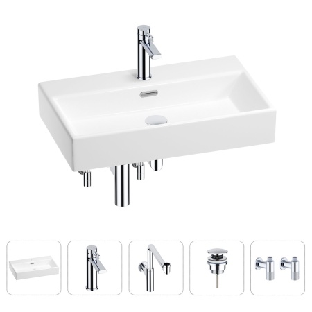 Раковина для ванной Wellsee Graceful Pro 201004671 в наборе 5 в 1: раковина белого глянцевого цвета, смеситель, сифон, донный клапан, угловые вентили (цвет набора хром)
