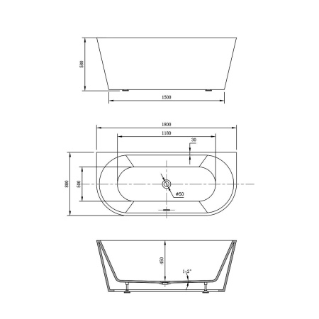 Ванна акриловая Vincea VBT-421-1800, 1800*800*580, цвет белый, слив-перелив в комплекте, хром