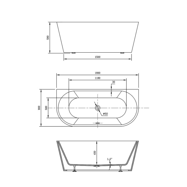 Ванна акриловая Vincea VBT-421-1800, 1800*800*580, цвет белый, слив-перелив в комплекте, хром
