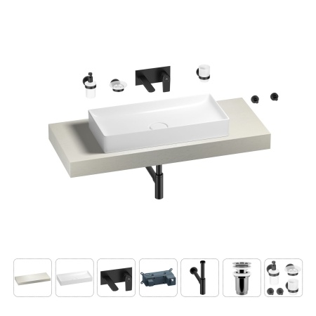 Раковина 75 см со столешницей 120 см Wellsee Pure BY Wellsee 201011682 в наборе 9 в 1: столешница, раковина, встраиваемый смеситель, сифон, выпуск, аксессуары (цвет набора матовый черный)